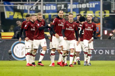 MILAN, ITALY - FEBRUARY 17, 2020:Zlatan Ibrahimovic, and team mates of Milan celebrating goal.
