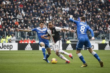 TURIN, ITALY - JANUARY 15, 2020: Gonzalo Higuain of Juventus FC scores the opening goal during the Coppa Italia football match between Juventus FC and Udinese Calcio.