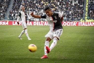 TURIN, ITALY - FEBRUARY 16, 2020: Alex Sandro of Juventus FC in action during the Serie A football match between Juventus FC and Brescia Calcio.