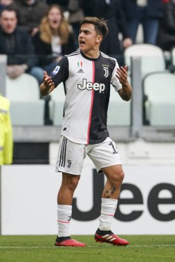 TURIN, ITALY - FEBRUARY 16, 2020: Paulo Dybala of Juventus FC gestures during the Serie A football match between Juventus FC and Brescia Calcio.