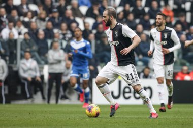 TURIN, ITALY - JANUARY 15, 2020: Gonzalo Higuain of Juventus FC scores the opening goal during the Coppa Italia football match between Juventus FC and Udinese Calcio.