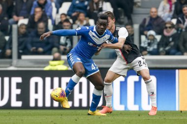 TURIN, ITALY - FEBRUARY 16, 2020: Mario Balotelli of Brescia Calcio greets the fans at the end of the Serie A football match between Juventus FC and Brescia Calcio.