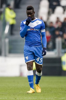 TURIN, ITALY - FEBRUARY 16, 2020: Mario Balotelli of Brescia Calcio greets the fans at the end of the Serie A football match between Juventus FC and Brescia Calcio.
