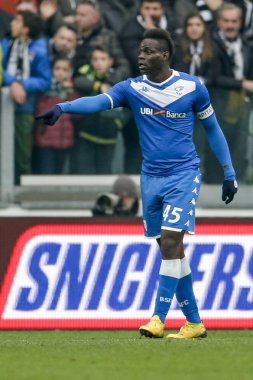 TURIN, ITALY - FEBRUARY 16, 2020: Mario Balotelli of Brescia Calcio greets the fans at the end of the Serie A football match between Juventus FC and Brescia Calcio.