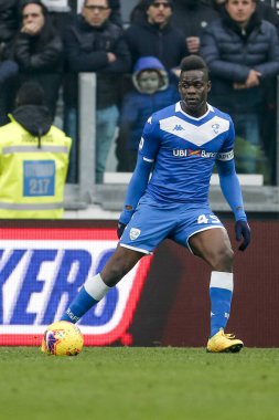 TURIN, ITALY - FEBRUARY 16, 2020: Mario Balotelli of Brescia Calcio greets the fans at the end of the Serie A football match between Juventus FC and Brescia Calcio.