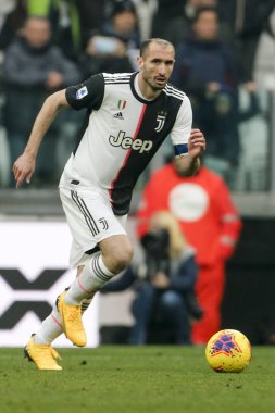 TURIN, ITALY - FEBRUARY 16, 2020: Giorgio Chiellini of Juventus FC in action during the Serie A football match between Juventus FC and Brescia Calcio. Giorgio Chiellini, Italy, Juventus.