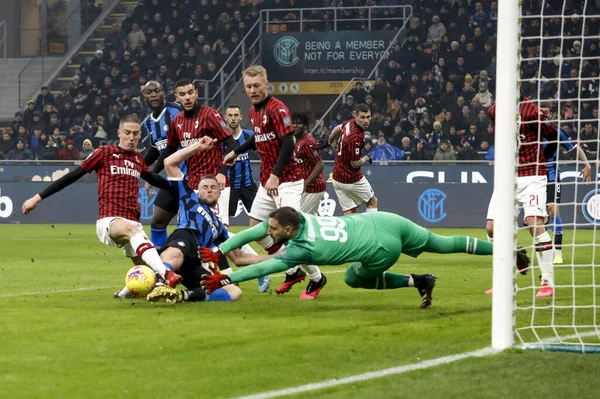 MILAN, ITALY - FEBRUARY 09, 2020: Gianluigi Donnarumma of AC Milan  during the Serie A football match between FC Internazionale and AC Milan.