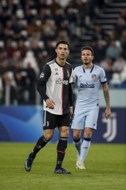 Turin, Italy - 26 November 2019. Football match of UEFA Champions League, Juventus vs Atletico Madrid. Cristiano Ronaldo, Juventus, and Felipe Monteiro, Atletico Madrid.