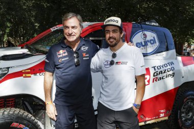 Fez, Morocco - 04 October 2019. FIA Cross Country Rally World Cup. Carlos Sainz and Fernando Alonso, Spain.