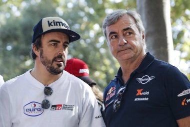 Fez, Morocco - 04 October 2019. FIA Cross Country Rally World Cup. Fernando Alonso, Toyota, and Carlos Sainz, Mini.