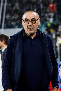 TURIN, ITALY - OCTOBER 22ND, 2019. UEFA CHAMPIONS LEAGUE, JUVENTUS vs LOKOMOTIV MOSCOW 2-1: Maurizio Sarri, Italy, coach Juventus. clipart