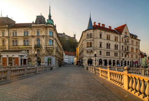 Vue Château Ljubljanas Depuis Les Ponts Triples Début Printemps — Photo