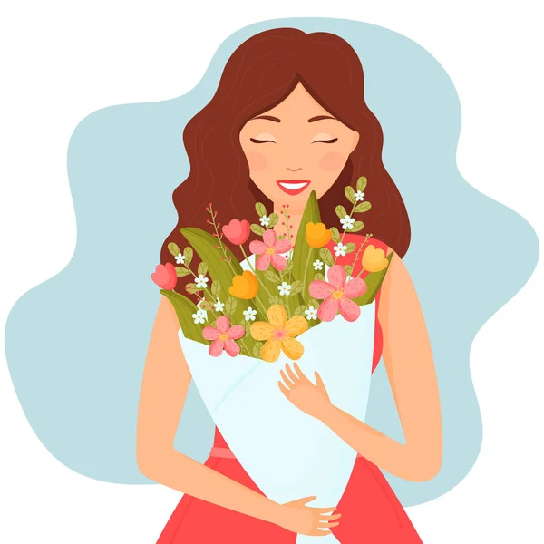 白い背景に花のベクトルフラットイラストの花束を持つ幸せな女の子 — ストックベクタ