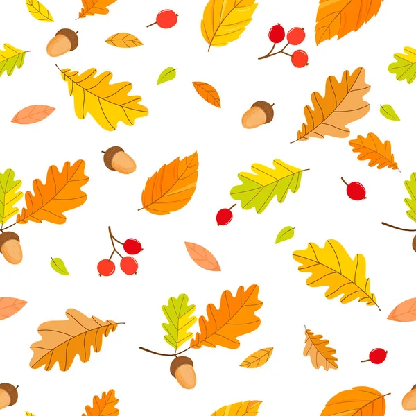 Seamless autumn pattern Oak leaves acorns berries — Stock Vector