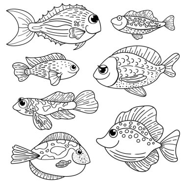Boyama kitabı. Okyanus karikatür balığı seti. Vektör mercan resif balığı.