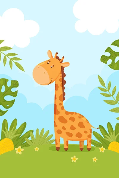 Carino cartone animato giraffa su uno sfondo di cielo blu e natura. Illustrazione vettoriale . — Vettoriale Stock