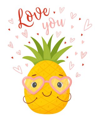 Cute cartoon character Pineapple with glasses from hearts