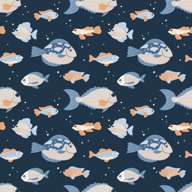 Seamless pattern with sea fish on a dark background.