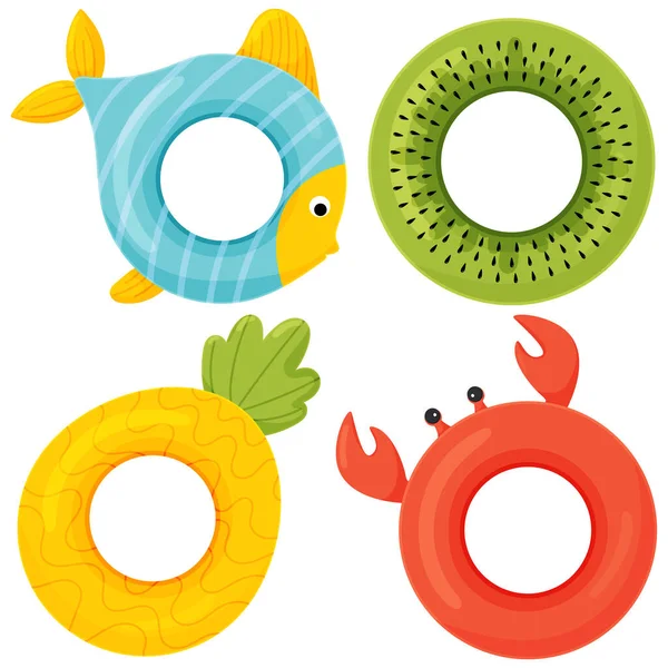 Ensemble d'anneaux de natation en caoutchouc coloré. icône de dessin animé vectoriel de style plat — Image vectorielle