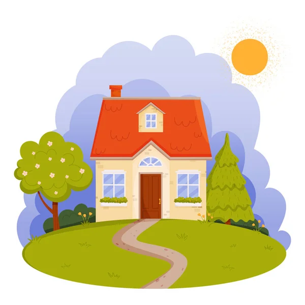 Vector cartoon illustration of a beautiful house and spring landscape — Stockový vektor