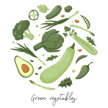 Beyaz arka planda yeşil sebzeli yuvarlak pankart. El çizim vektör şablonu
