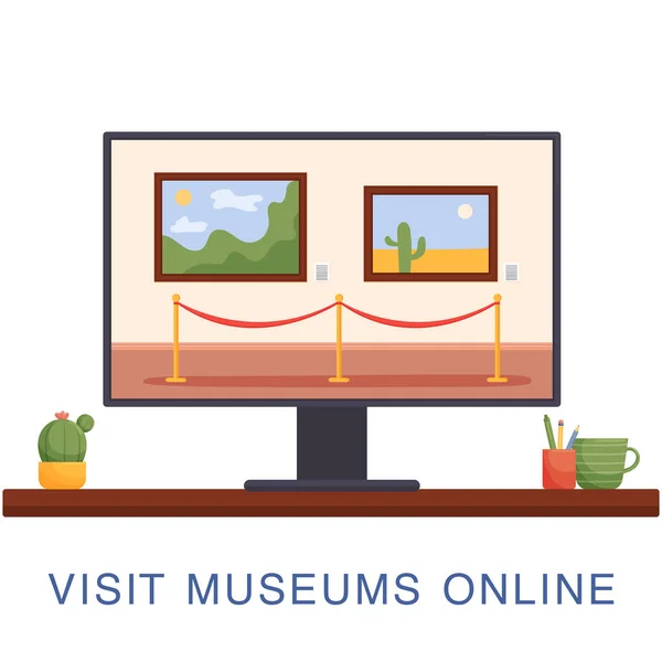 Begreppet online museum, en kvarn med målningar på en datorskärm. — Stock vektor