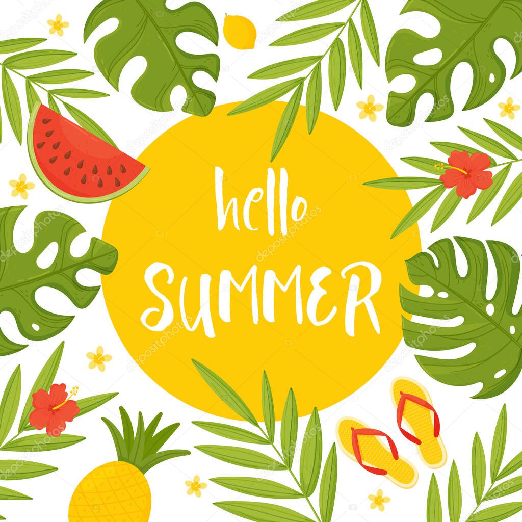 Hello summer. Summer banner with tropical leaves and fruits.