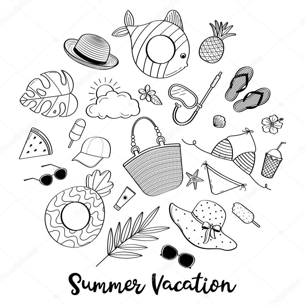 Set of hand drawn summer beach items. Black sketch in the shape of a circle on a white background.