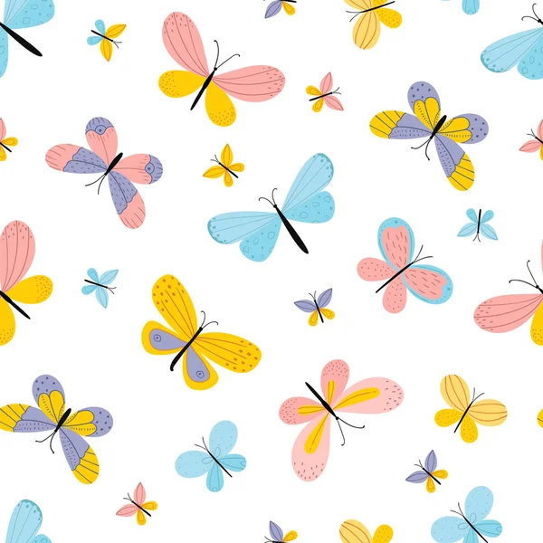 手描きの蝶。白を基調としたシームレスなパターン — ストックベクタ