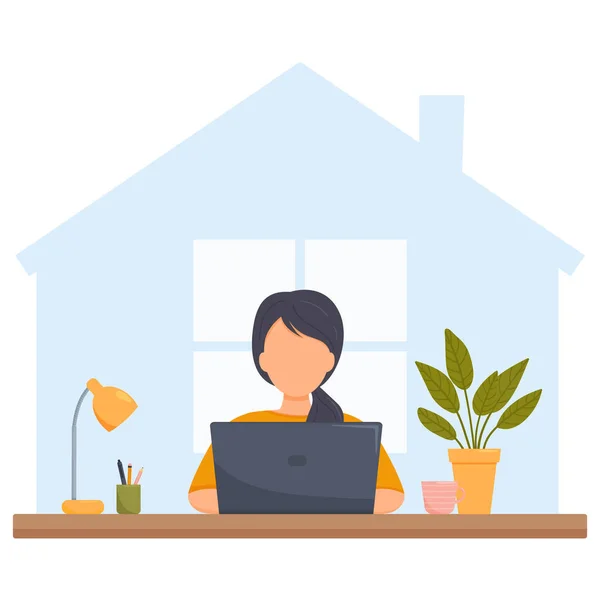 Una mujer con una computadora portátil está estudiando o trabajando en casa. Estilo plano . — Archivo Imágenes Vectoriales