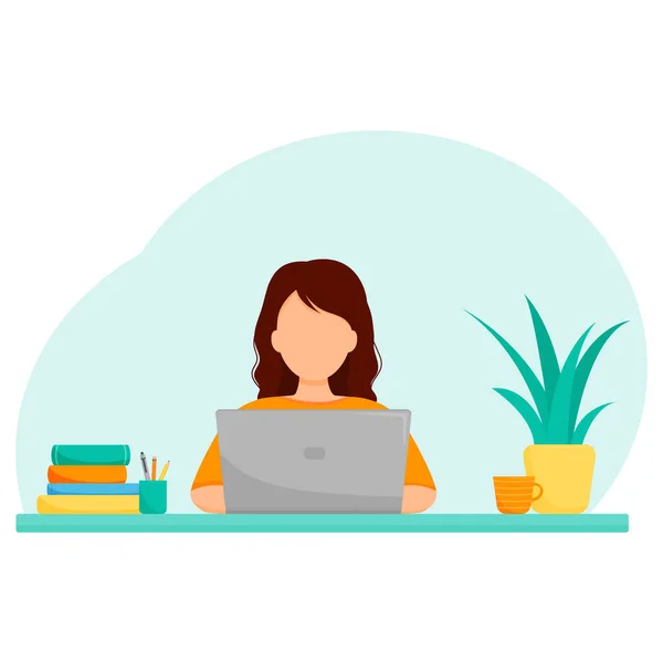 Concepto de estudio en línea, trabajo independiente o remoto, chica con computadora portátil en la mesa . — Archivo Imágenes Vectoriales