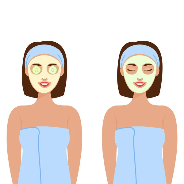 Una mujer con diferentes máscaras cosméticas en la cara, una máscara de pepinos. Cuarentena. Belleza y Salud, salud mental. Cuidados personales en casa . — Vector de stock