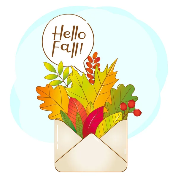 Cartel de otoño. Hojas coloridas en un sobre . — Vector de stock
