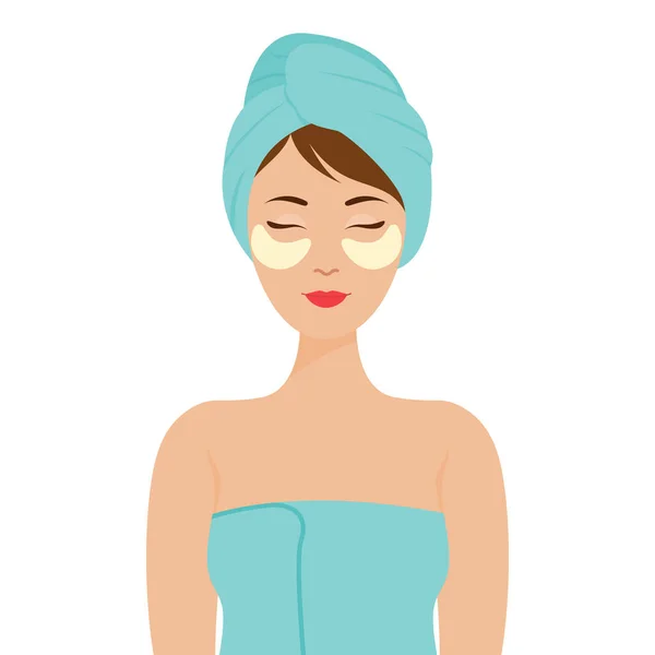 Личный уход дома. Девушка с полотенцем на голове и косметическими пластырями под глазами . — стоковый вектор