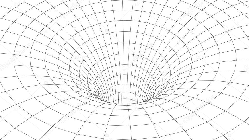 Technology wireframe tunnel on white background. Futuristic 3D grid.