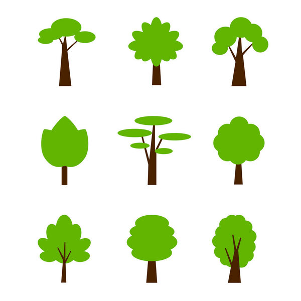 Set of green trees symbol. Vector icons on white background.