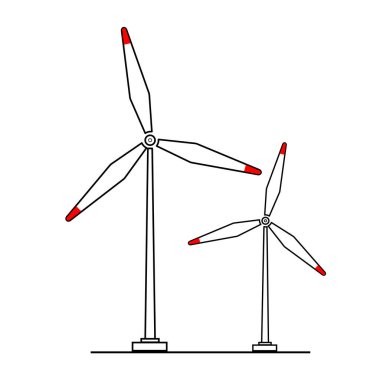 Rüzgar gücü ikonu. Beyaz arka planda yel değirmeni sembolü. Vektör siluet rüzgar türbini.