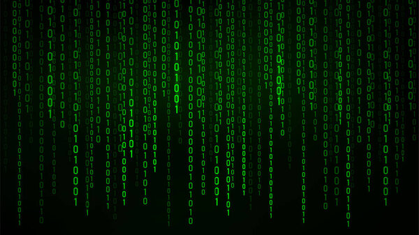 Зеленый фон матрицы. Поток двоичного кода. Падение числа на темном фоне. Цифровой код компьютера. Кодирование и взлом. Абстрактная векторная иллюстрация.