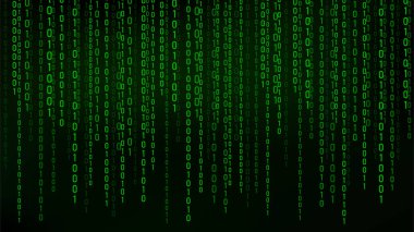 Yeşil matris arka planı. İkili kod akışı. Karanlık arka planda düşen numaralar. Dijital bilgisayar kodu. Kodlama ve hackleme. Soyut vektör illüstrasyonu.