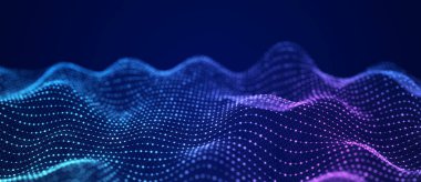 Renkli müzik ses dalgası. Parçacıkların soyut geleceksel arkaplanı. Teknoloji dinamik noktaları arka planda. Büyük veri görselleştirmesi. 3B görüntüleme.