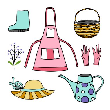 Bahçe aletleri seti. Tasarım için elle çizilmiş vektör elementleri. Önlük, şapka, eldiven, bot, sulama kutusu ve sepet..