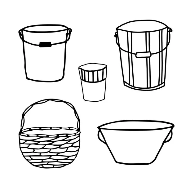 Set of containers for gardening. Bowl, bucket, pot for plant, wicker basket. Vector isolated outlines elements for design. Doodle style.
