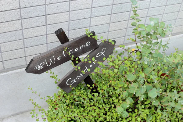 可爱的小花园与 "欢迎花园" 标志在人行道上. — 图库照片