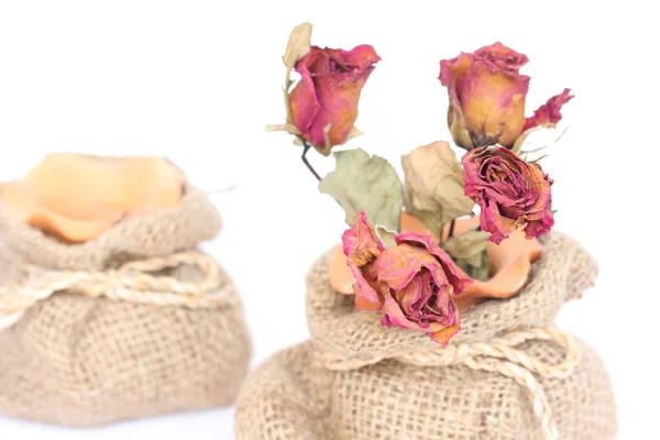 Bouquet of dried withered roses in sackcloth bag on white backgr — Stock Photo, Image