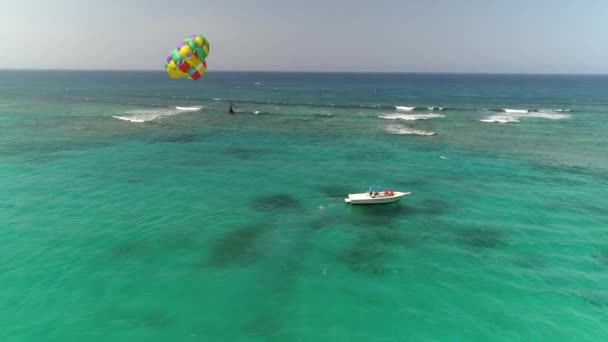 Dron Aéreo Parasailing Sobre Hermoso Arrecife Tropical Azul — Vídeos de Stock