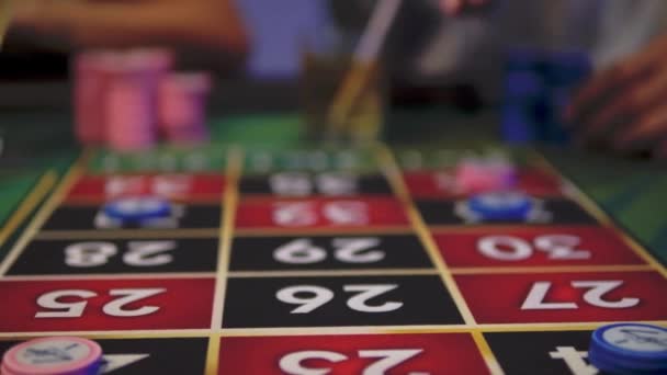 Man Places Roulette Bet Casino Table Gambling Close — Stockvideo