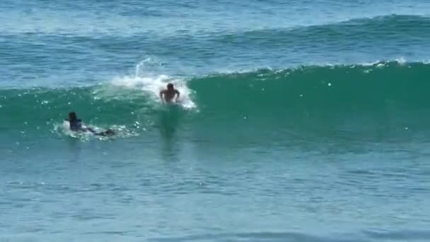 Surfer Αλιεύματα Και Βόλτες Κύμα Ενώ Άλλοι Σέρφερ Παρακολουθούν — Αρχείο Βίντεο