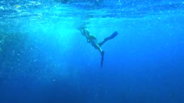 Άνθρωπος Κολυμπάει Προς Μέρος Σου Κάτω Από Τον Ωκεανό Αργή — Αρχείο Βίντεο