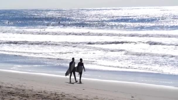 Два Серфера Ходят Пляжу Закате Медленным Ходом — стоковое видео