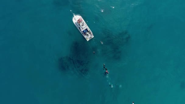 Vista Aérea Buceadores Fuera Del Barco Océano Buceo Profundo — Vídeo de stock